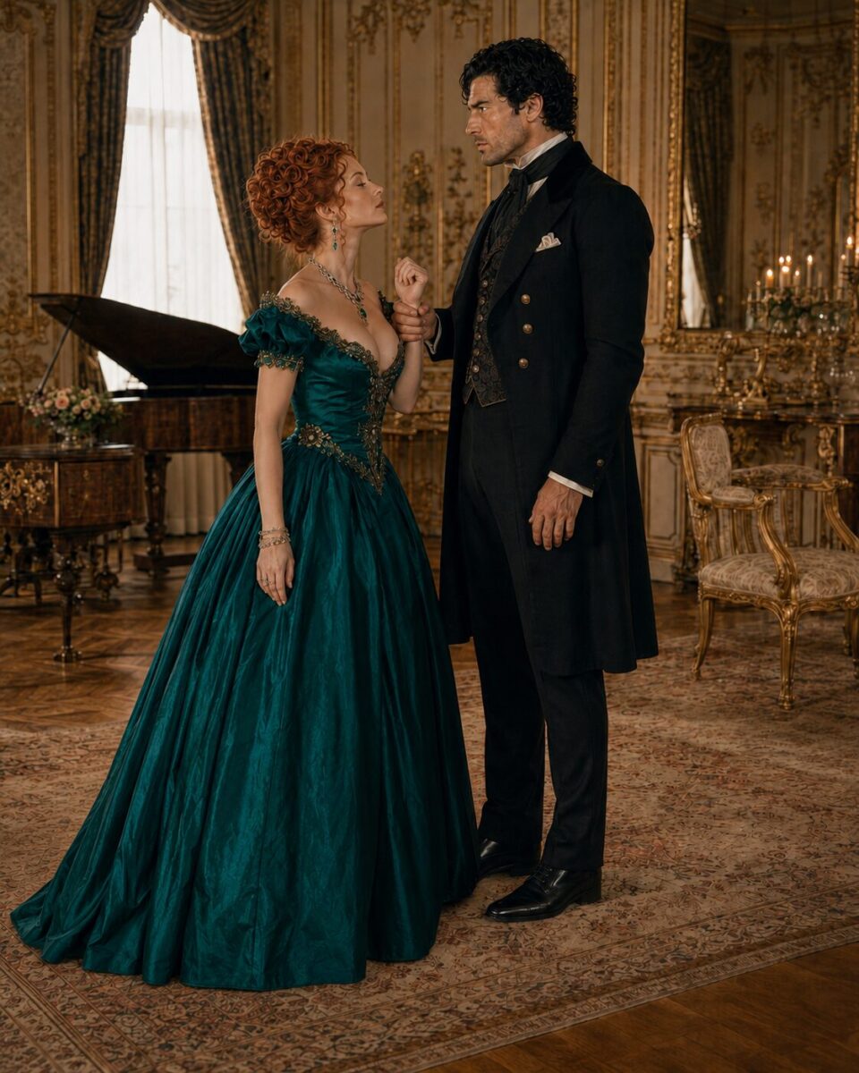 Aiden holding Viktoria's wrist as she confronts him in an emerald evening gown
