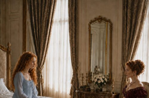Tess in a pale blue dress speaking privately with an elegant red-haired woman in burgundy