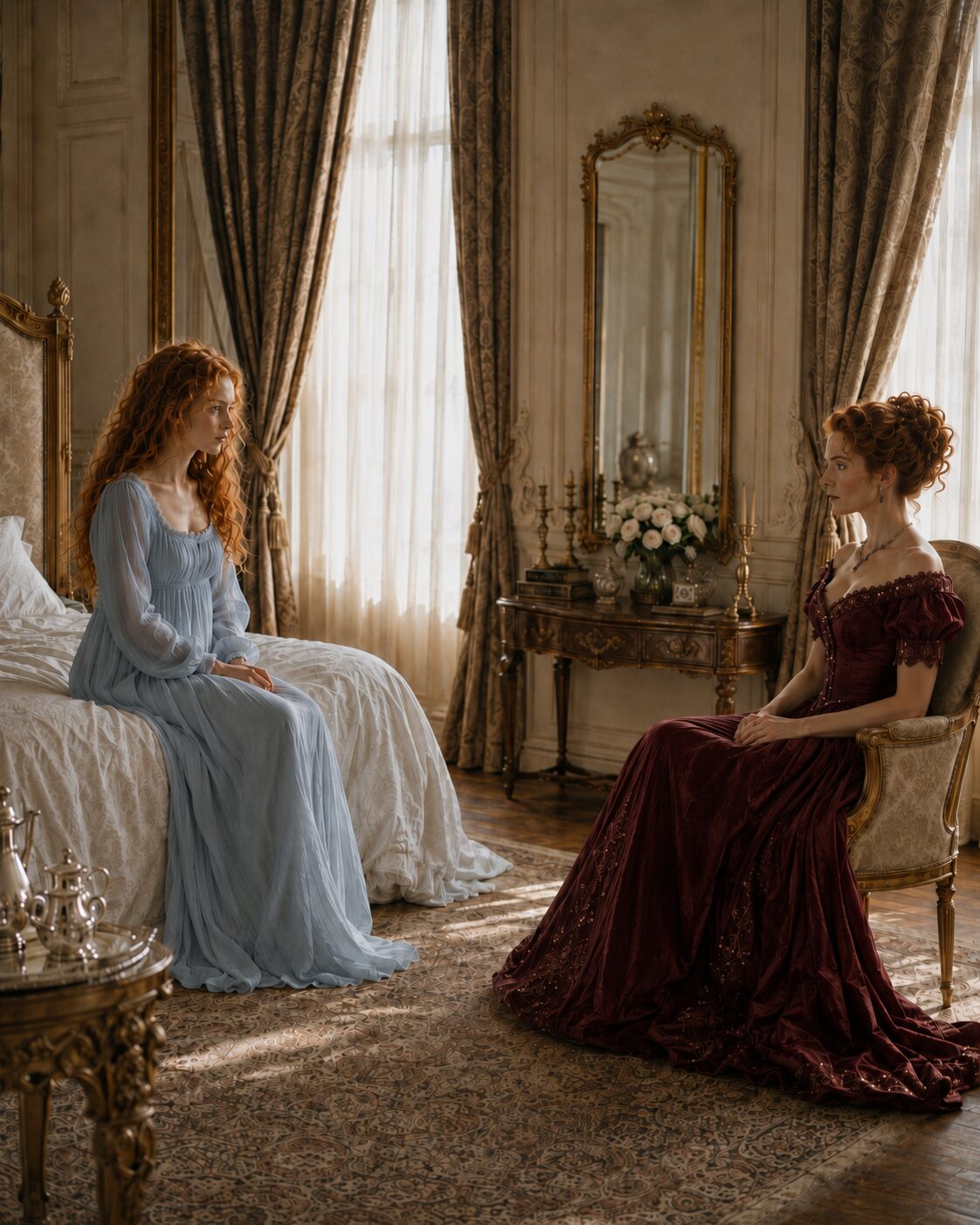 Tess in a pale blue dress speaking privately with an elegant red-haired woman in burgundy