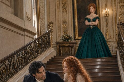 Tess helping Aiden on a grand staircase while a stern woman watches from above