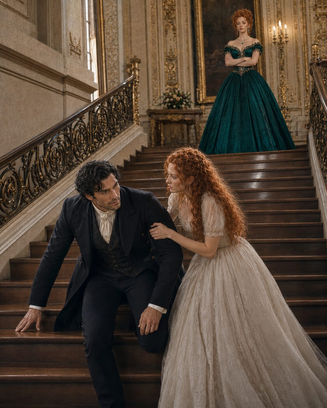 Tess helping Aiden on a grand staircase while a stern woman watches from above