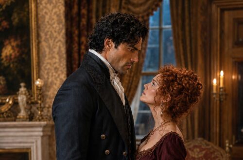 Aiden standing face to face with a red-haired woman in burgundy beside a fireplace