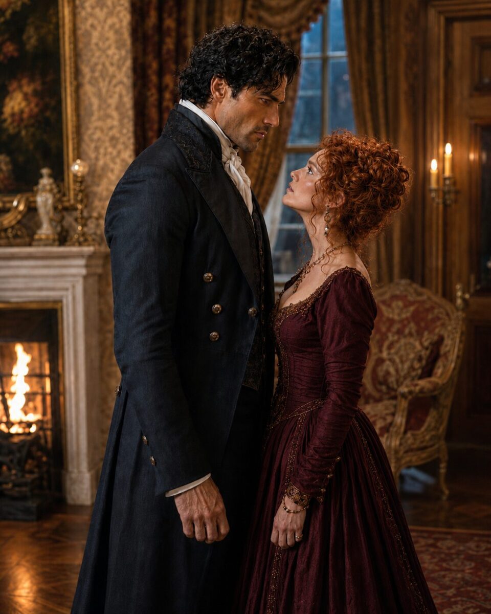Aiden standing face to face with a red-haired woman in burgundy beside a fireplace
