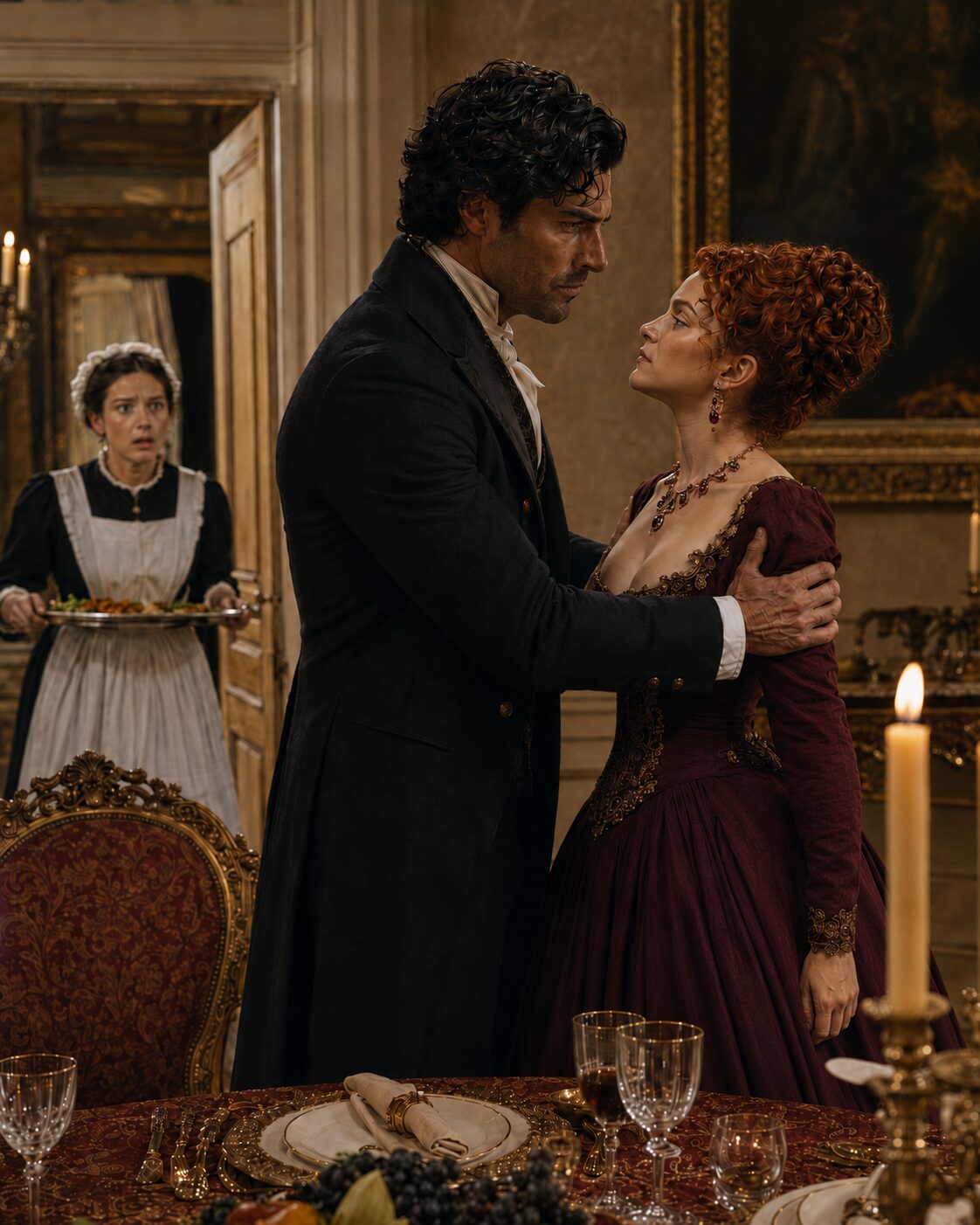 Aiden gripping a red-haired woman's shoulders as a shocked maid enters the dining room