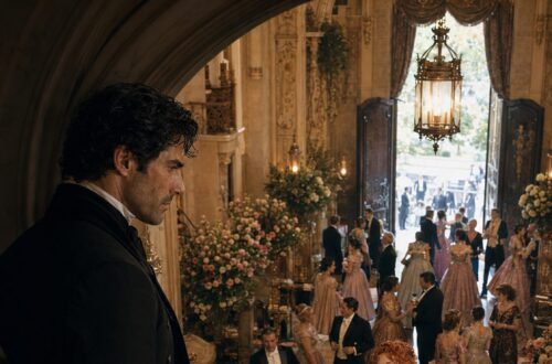 Aiden watching Viktoria from an upper staircase as she mingles with guests at a grand ball