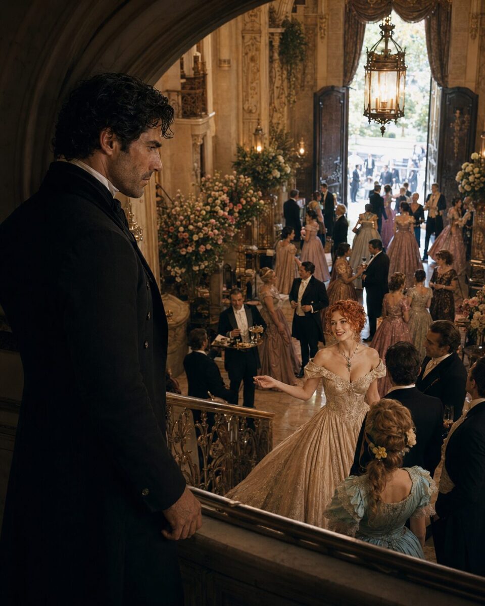 Aiden watching Viktoria from an upper staircase as she mingles with guests at a grand ball