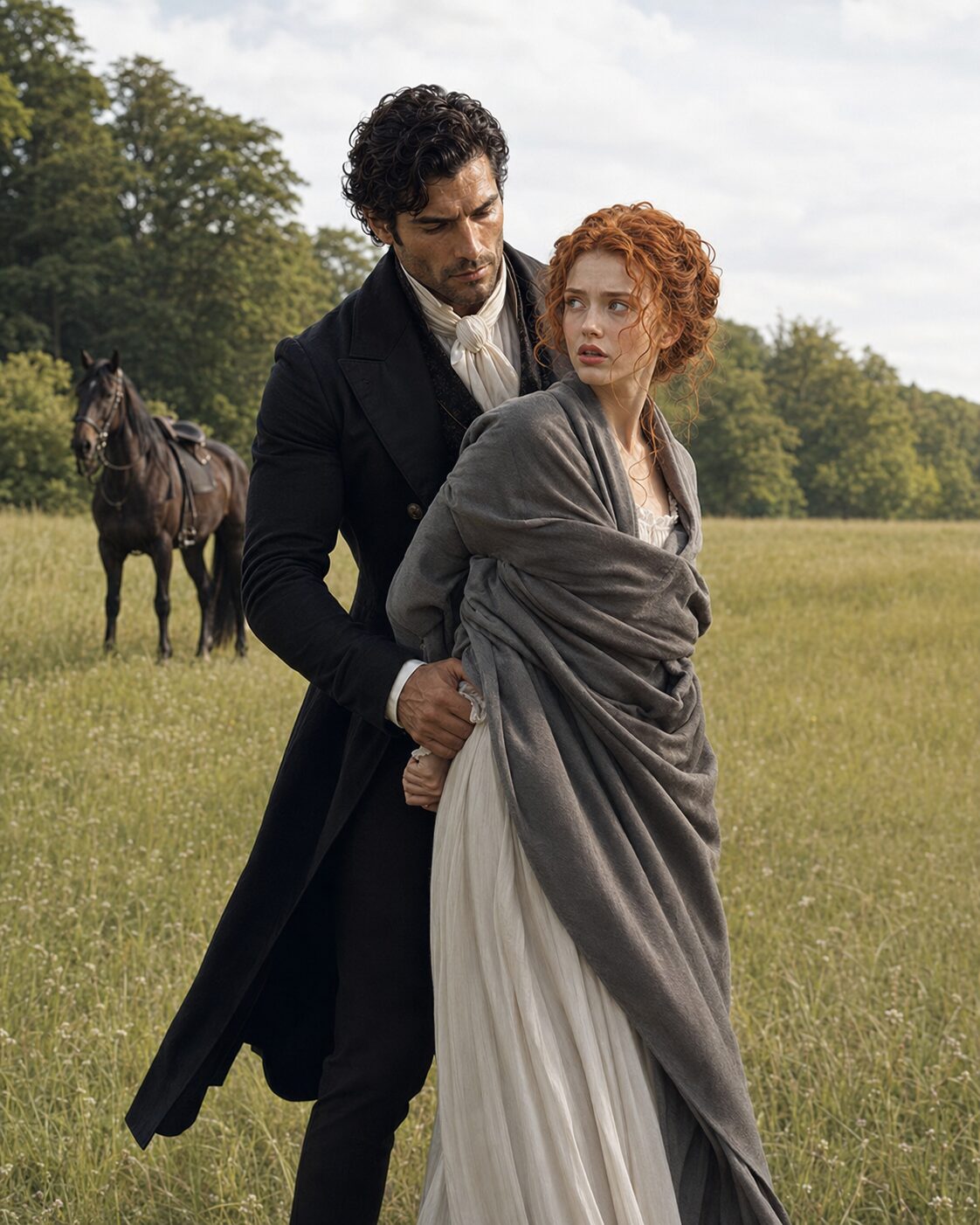 Aiden holding frightened Tess from behind in an open field with a saddled black horse nearby