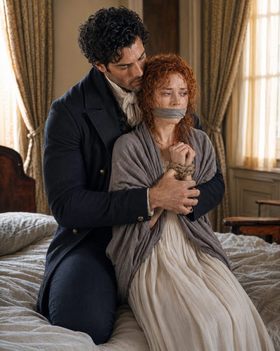 Aiden holding bound and gagged Tess on a bed as she sits wrapped in a gray cloak