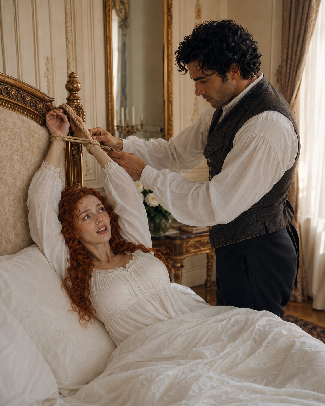 Aiden tying Tess's bound wrists to the carved headboard while she lies on the bed