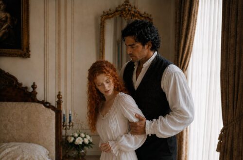 Aiden supporting a weak Tess by the arm as she stands beside their bed in a white nightgown