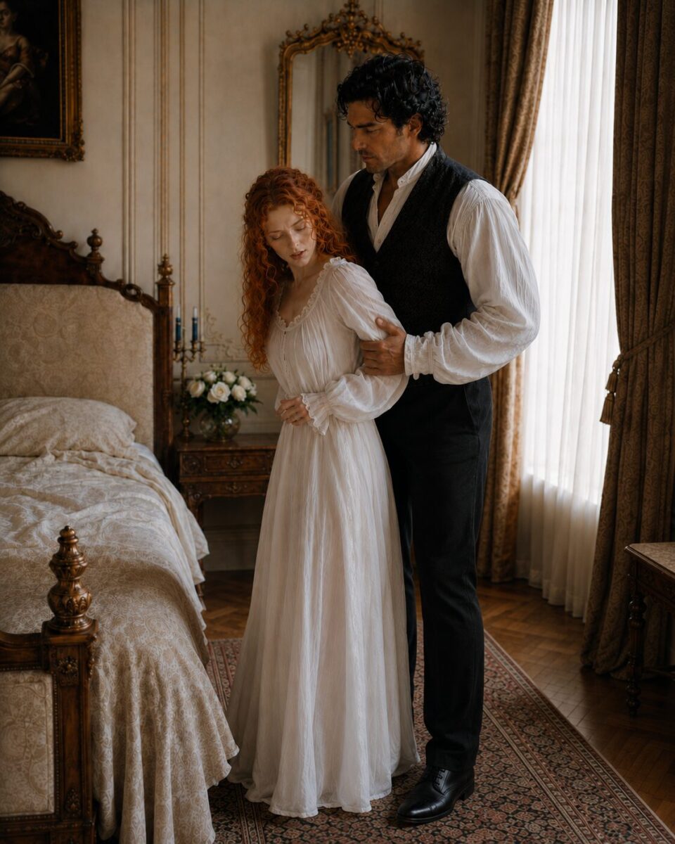 Aiden supporting a weak Tess by the arm as she stands beside their bed in a white nightgown