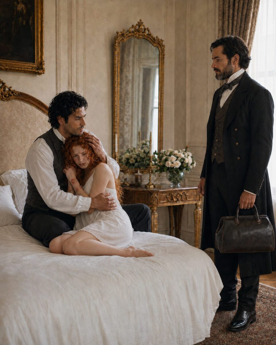 Aiden holding frightened Tess on the bed while a serious doctor stands nearby with his bag