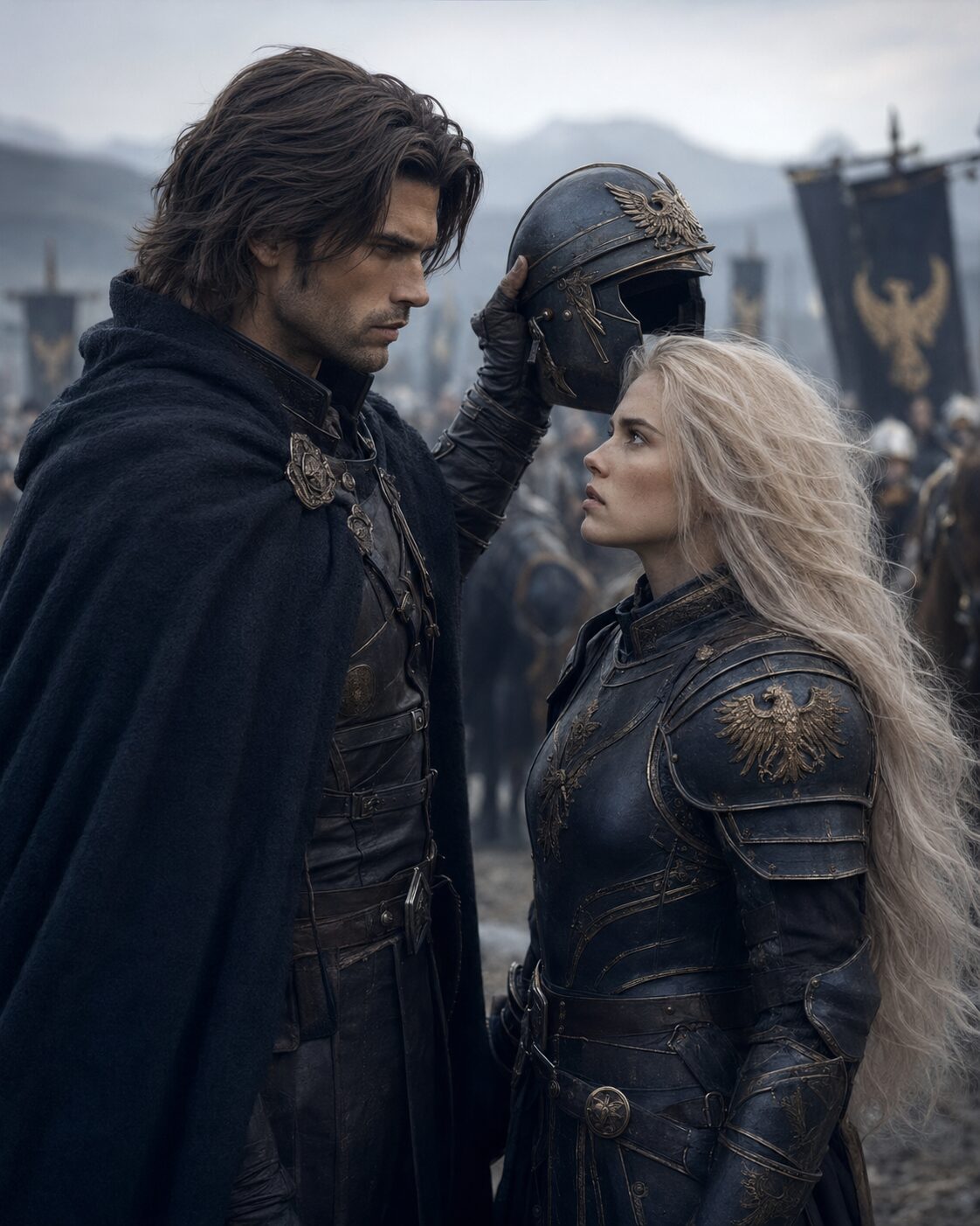 Kaelan removes Nirella’s helmet after defeating her in battle, Alexandra Veľká