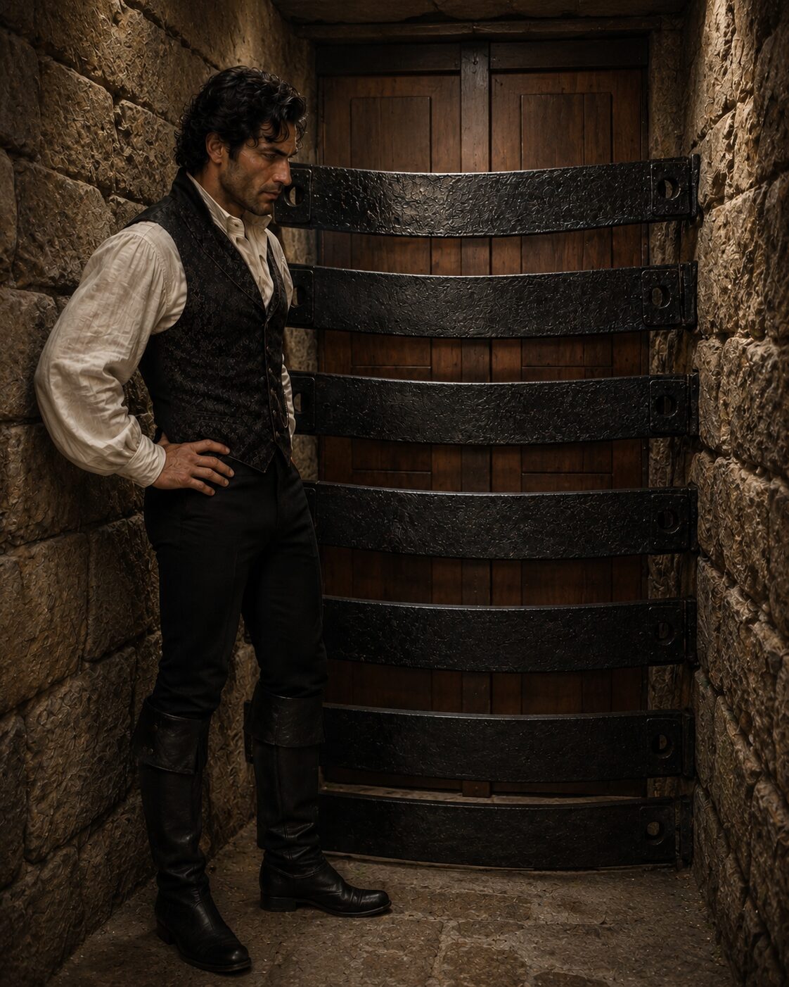 Aiden standing before a heavily reinforced wooden door inside a narrow stone passage