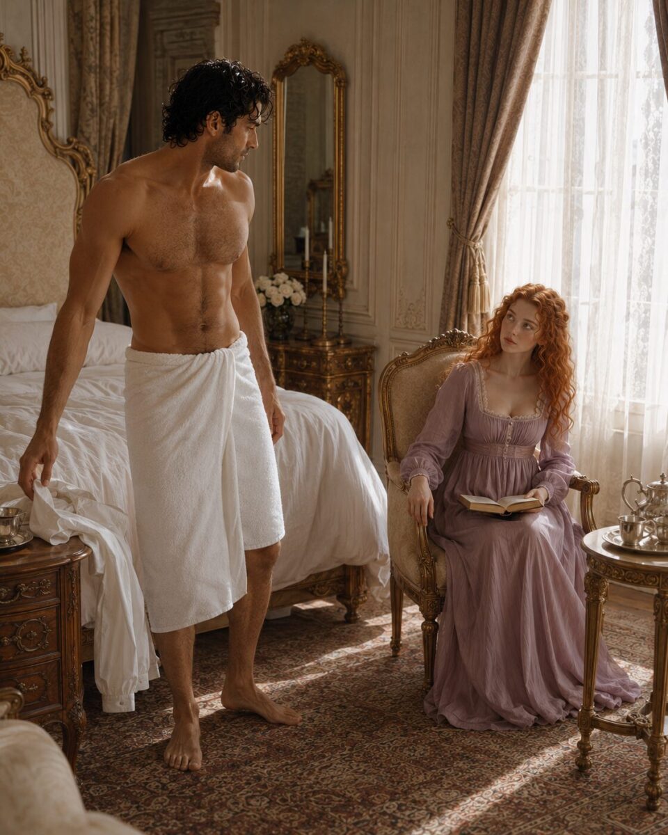 Shirtless Aiden wearing a towel while Tess sits nearby in a pink dress reading a book