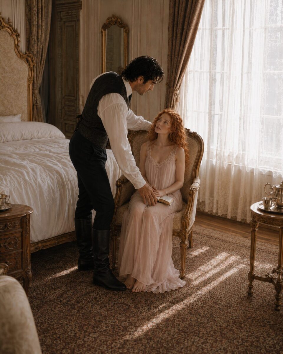 Aiden leaning over seated Tess and placing his hand over hers and the book in her lap
