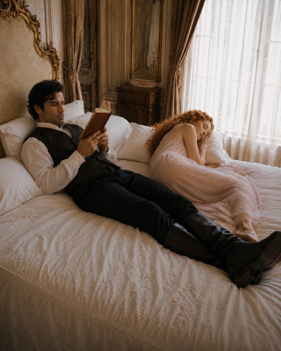 Aiden reading on the bed while Tess sleeps peacefully beside him in a soft pink nightgown