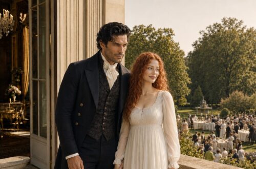 Aiden and Tess standing hand in hand on a sunlit terrace overlooking a garden celebration