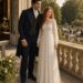 Aiden and Tess standing hand in hand on a sunlit terrace overlooking a garden celebration