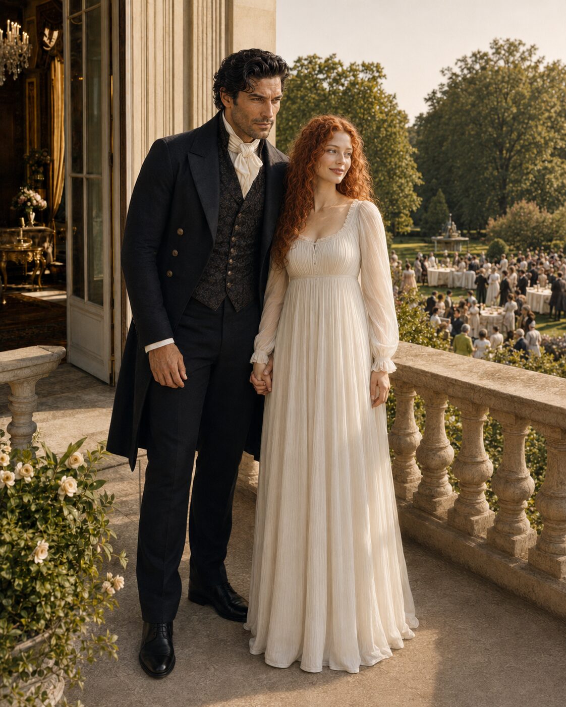 Aiden and Tess standing hand in hand on a sunlit terrace overlooking a garden celebration