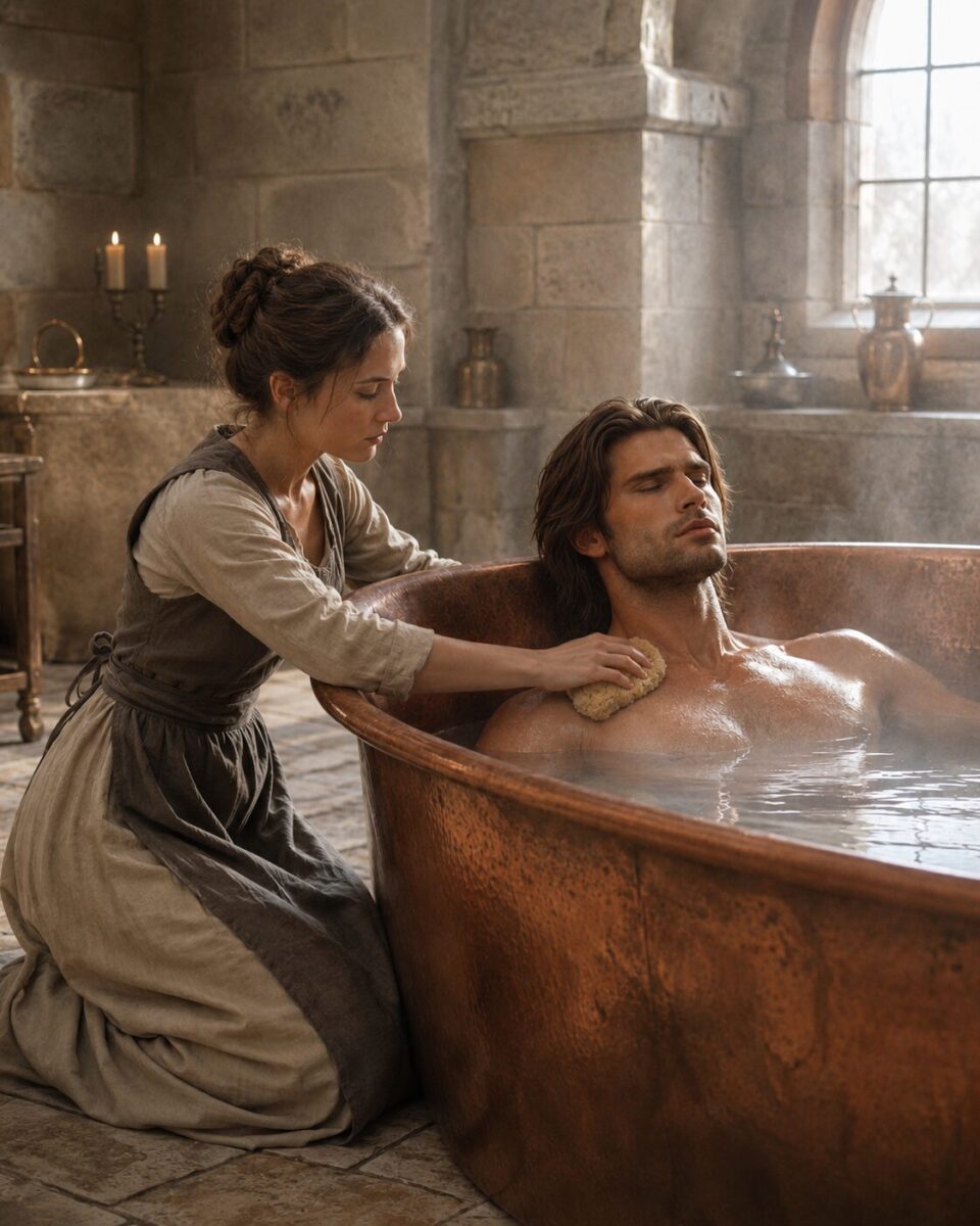 Kaelan rests in a steaming copper bath after battle, Alexandra Veľká