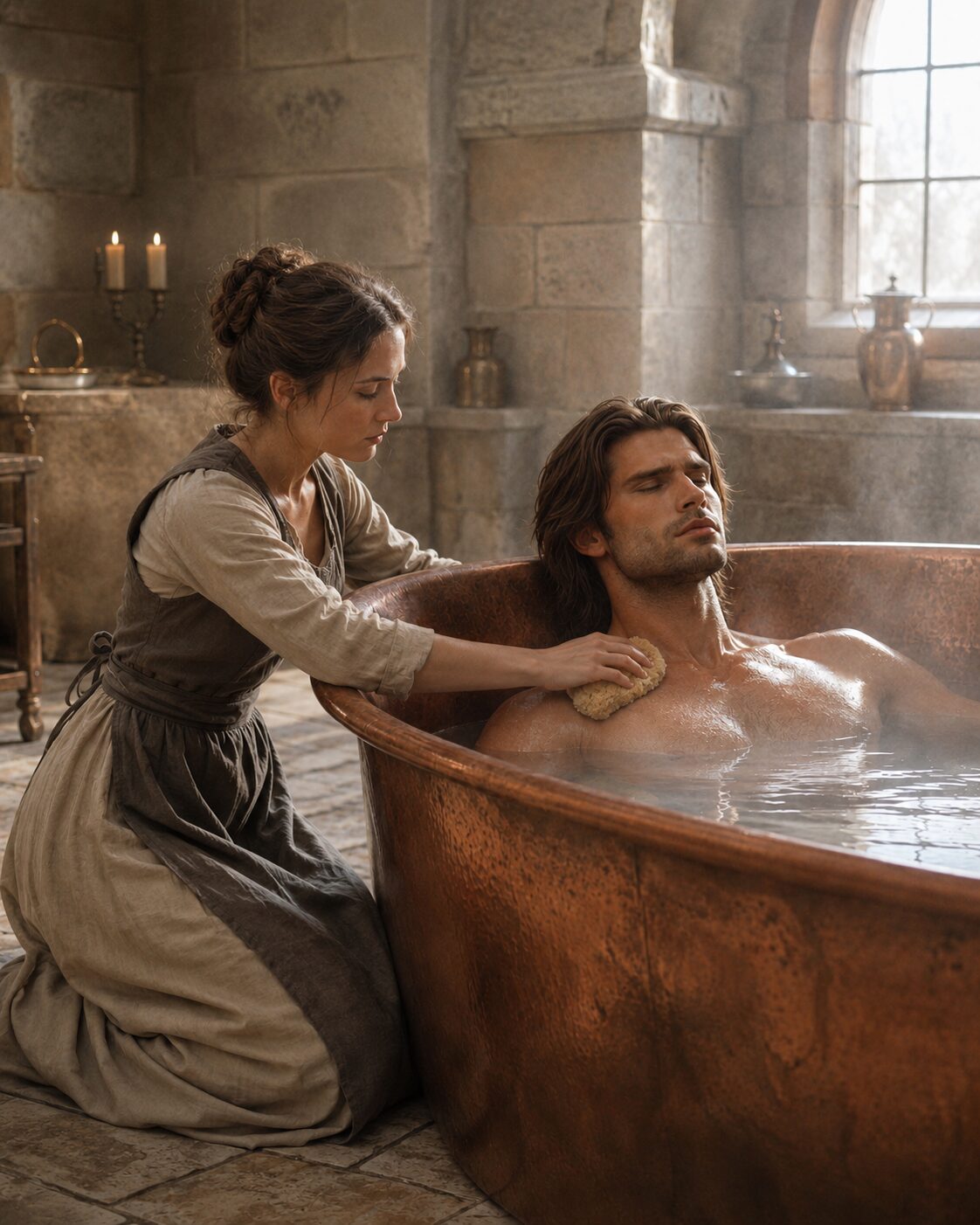 Kaelan rests in a steaming copper bath after battle, Alexandra Veľká