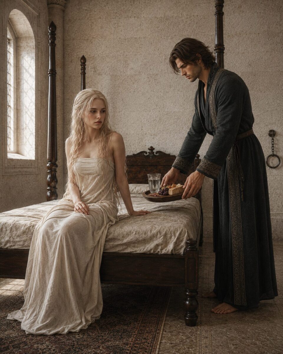 Kaelan brings food and water to captive Nirella, Alexandra Veľká