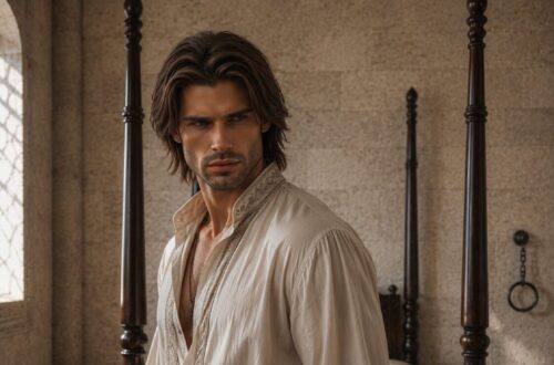 Kaelan in an open white shirt inside Nirella’s chamber, Alexandra Veľká