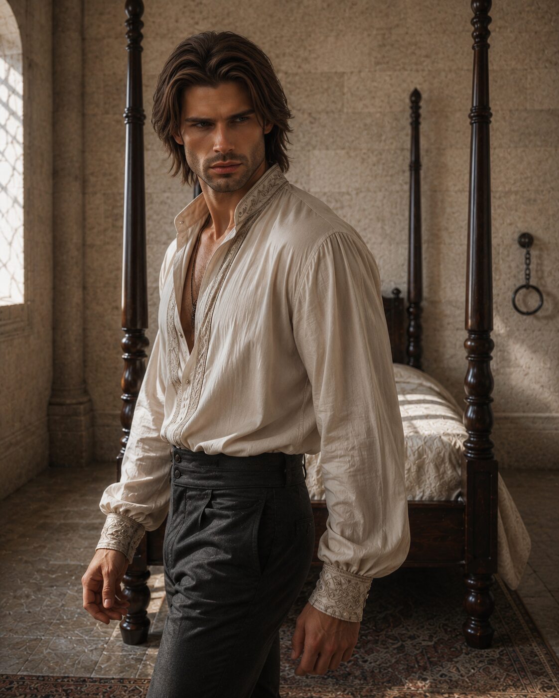 Kaelan in an open white shirt inside Nirella’s chamber, Alexandra Veľká