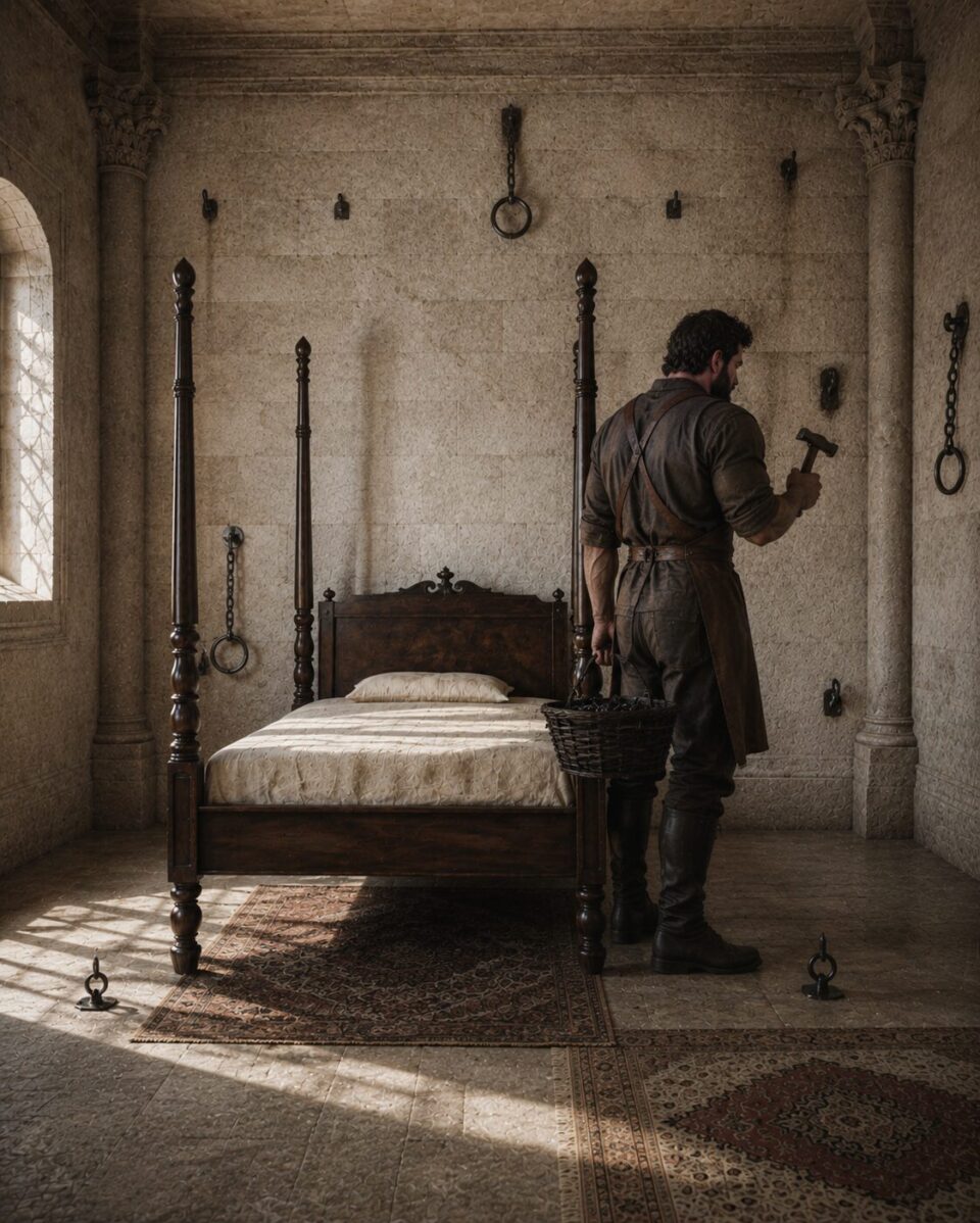 Craftsman installs iron restraints around Nirella’s bed, Alexandra Veľká